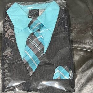 Van Heusen Kids turquoise Blue Shirt with Black Vest and Plaid Tie